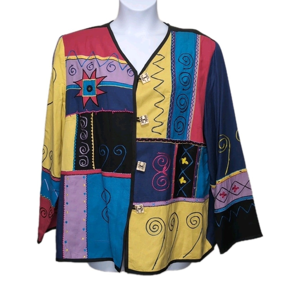 VTG Indigo‎ Moon Patchwork Jacket Womens Size 1X Blue Red Yellow Black Tapestry